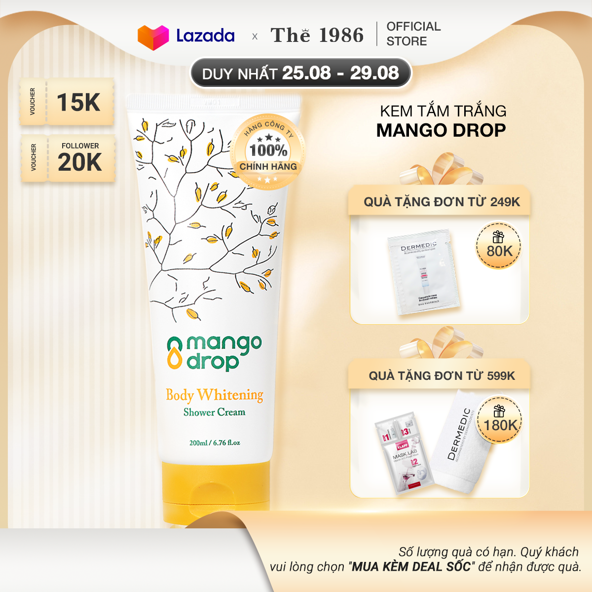 Kem tắm dưỡng trắng cơ thể Mango Drop Body Whitening Shower Cream 200ml - The1986