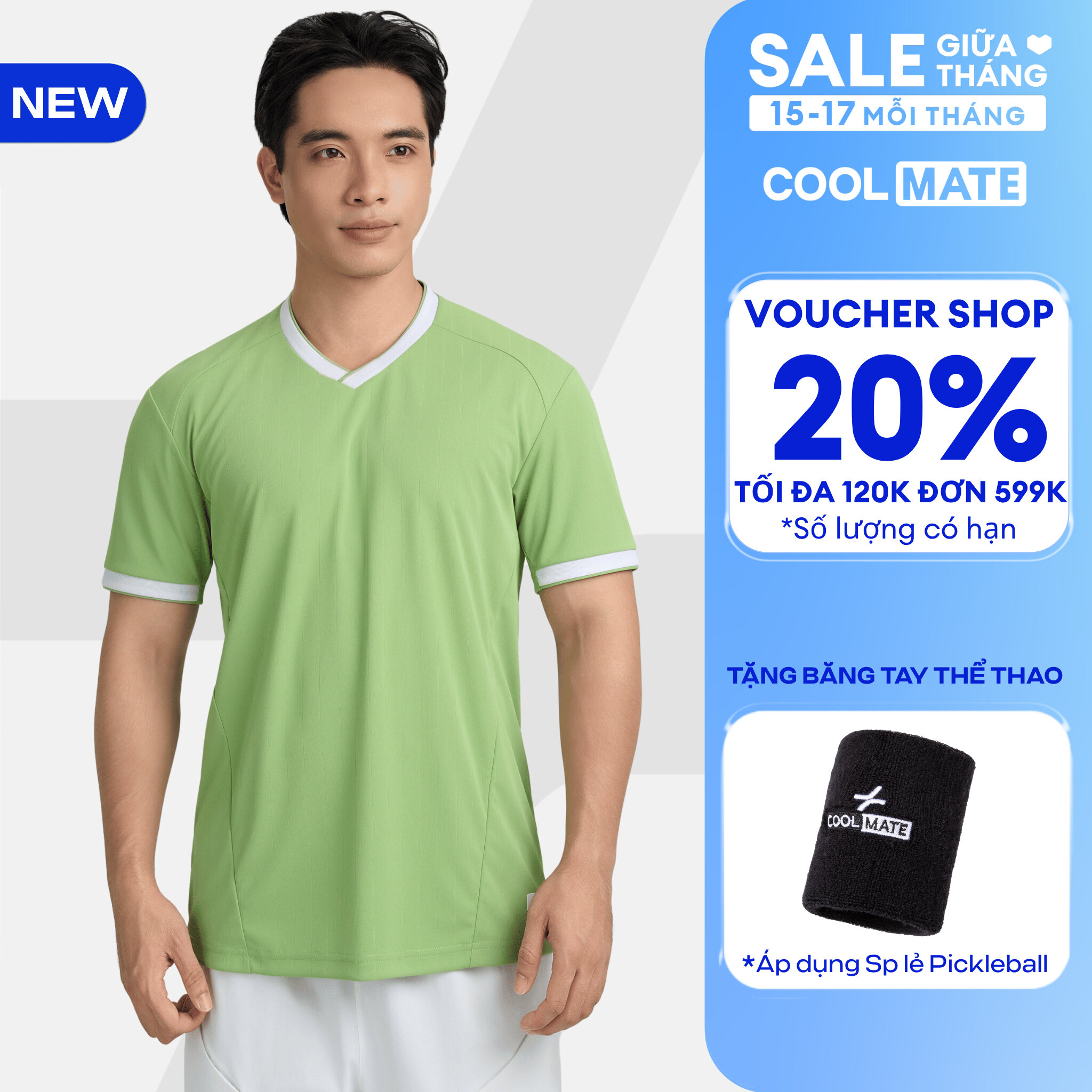 [TẶNG BĂNG TAY]Áo thun thể thao nam cổ V Pickleball ZeroMark™(CÔNG NGHỆ KHÔNG ĐỂ LẠI VỆT MỒ HÔI) nhanh khô, Thoáng khí, Thấm hút tốt, Thoải mái vận động Coolmate