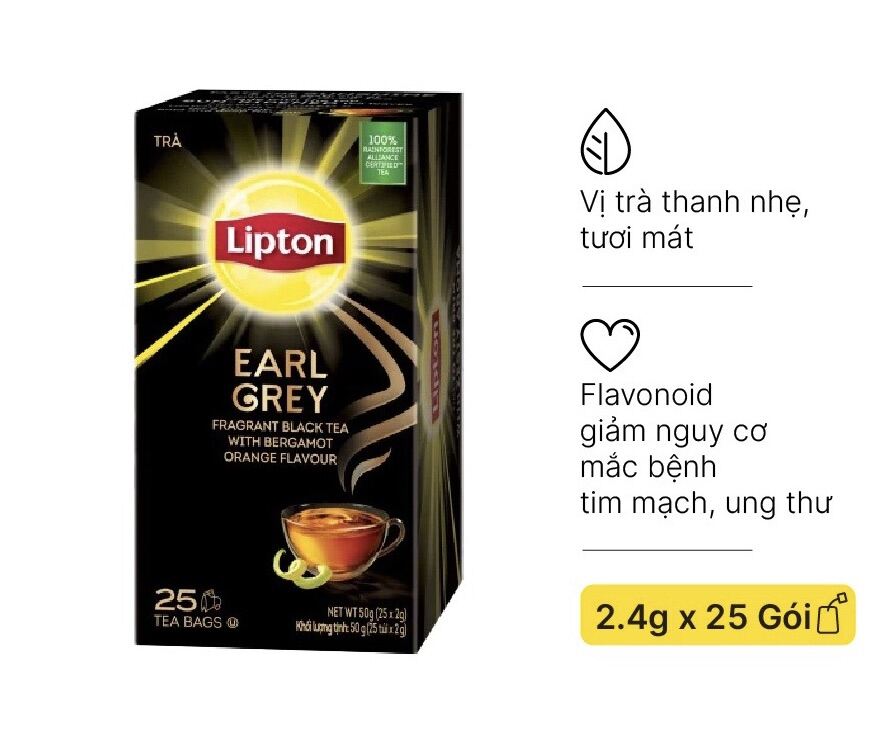 Hộp 25 gói Trà Lipton túi lọc Bá Tước Helium Earl Grey