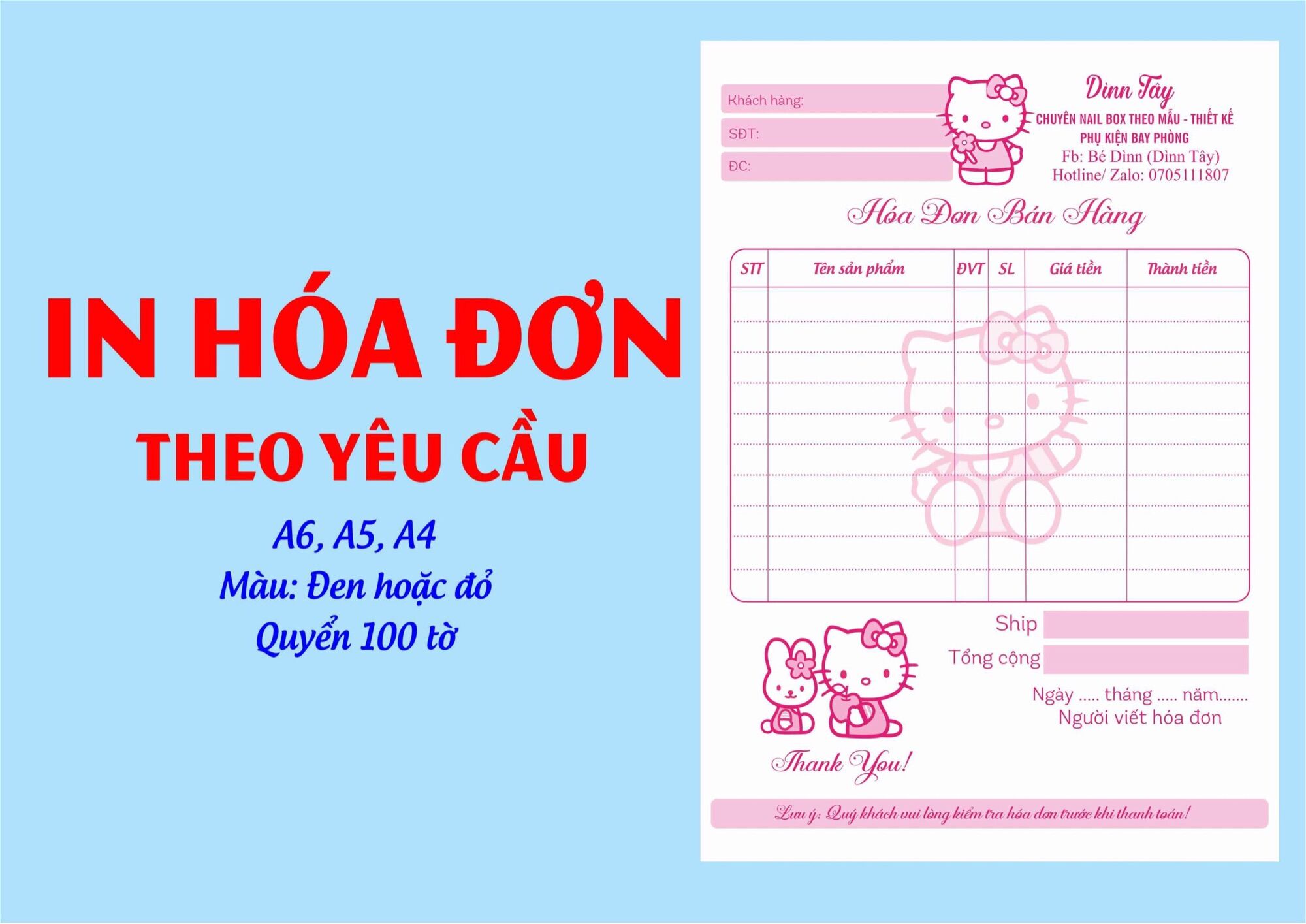 In 10 cuốn hoá đơn theo tên yêu cầu loại 2 liên cuốn 100 trang