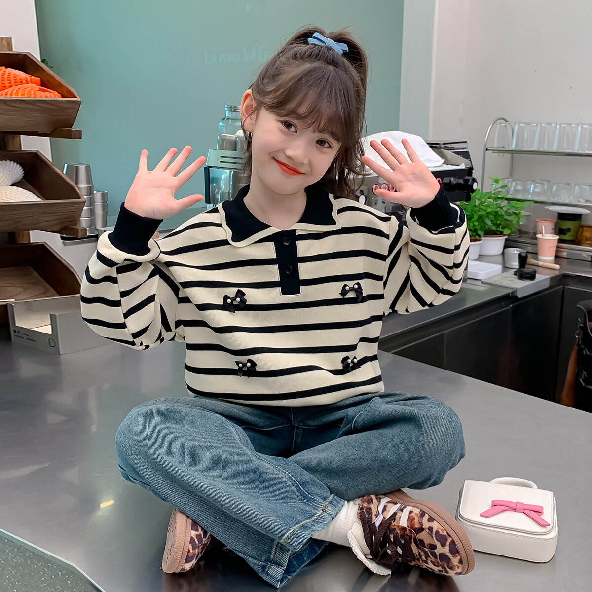 Fashionable Stripe Polo Sweatshirt for Older Girls - 2