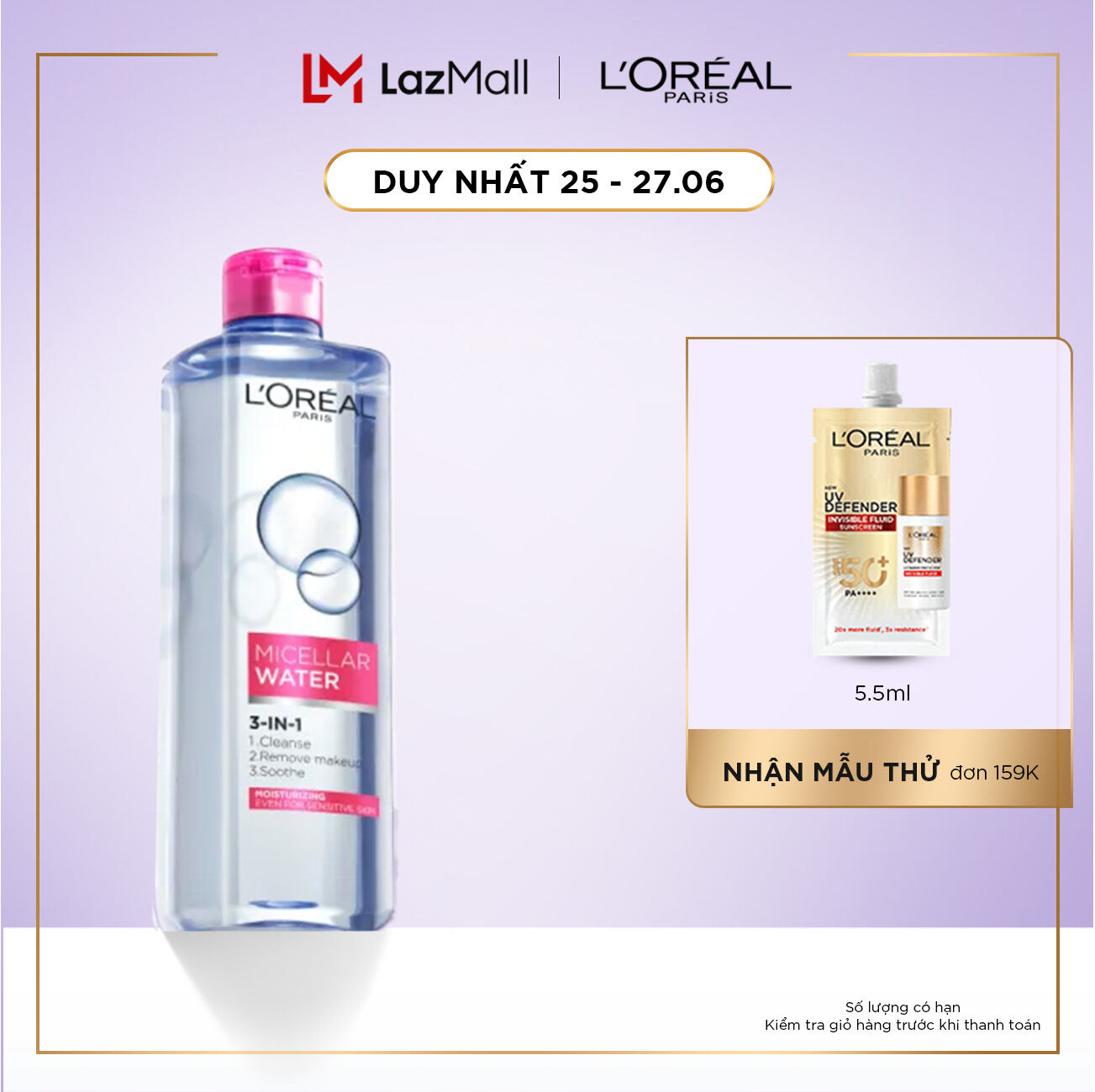 Nước tẩy trang dưỡng ẩm L'Oreal Paris Micellar Water 400ml (màu hồng)