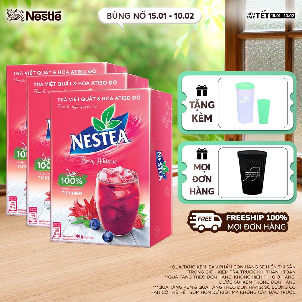 [ƯU ĐÃI THÁNG 2] Combo 3 Hộp Trà Việt Quất và Hoa Atiso Đỏ NESTEA 10 gói x 1 g