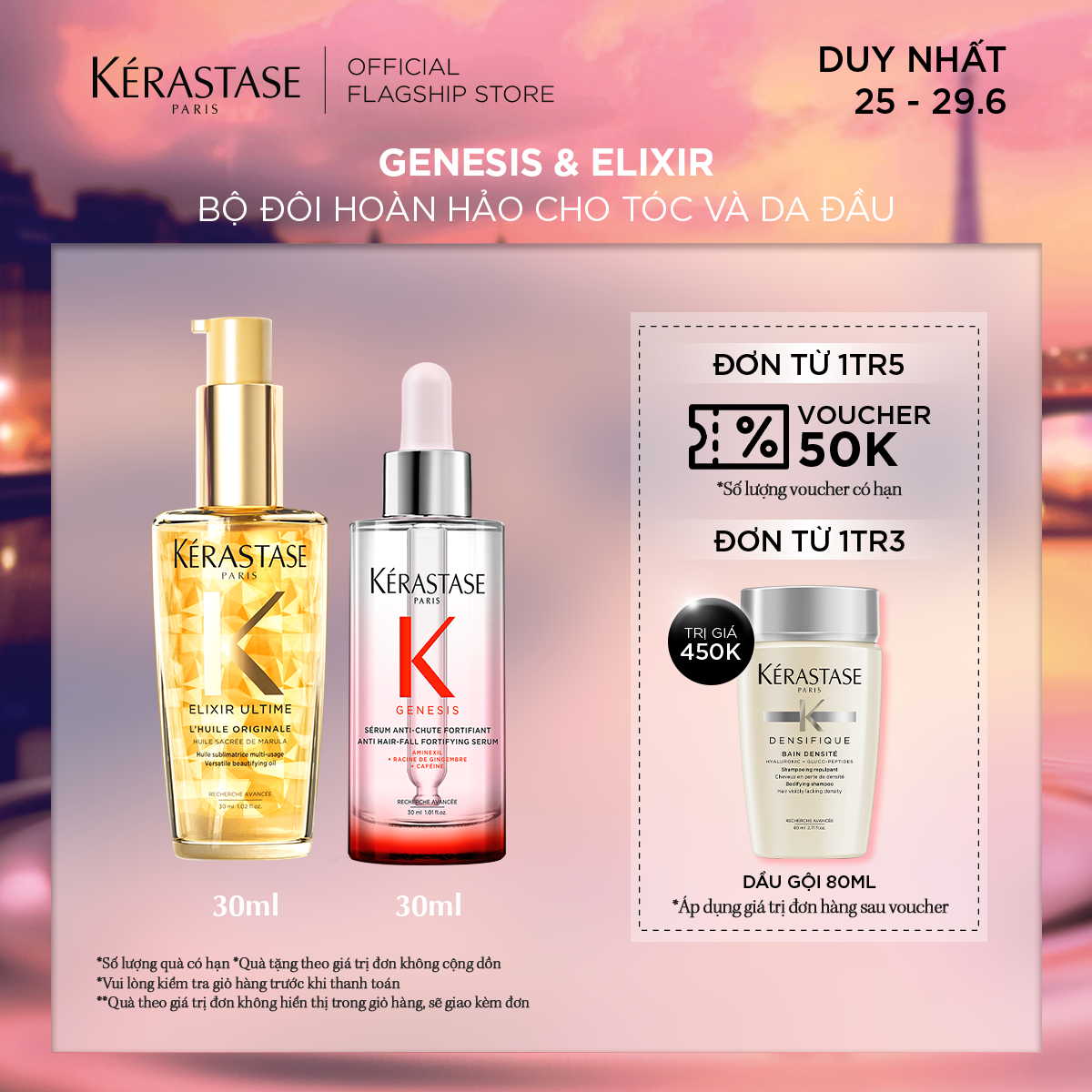 [DUY NHẤT 25-29.6 | GIÁ CHỈ 1.309K + VOUCHER 50K] Bộ dưỡng chất chăm sóc tóc và da đầu Kérastase 30ml: Dưỡng tóc Elixir Ultime  - Giảm rụng Genesis Anti Hair-fall Fortifying Serum