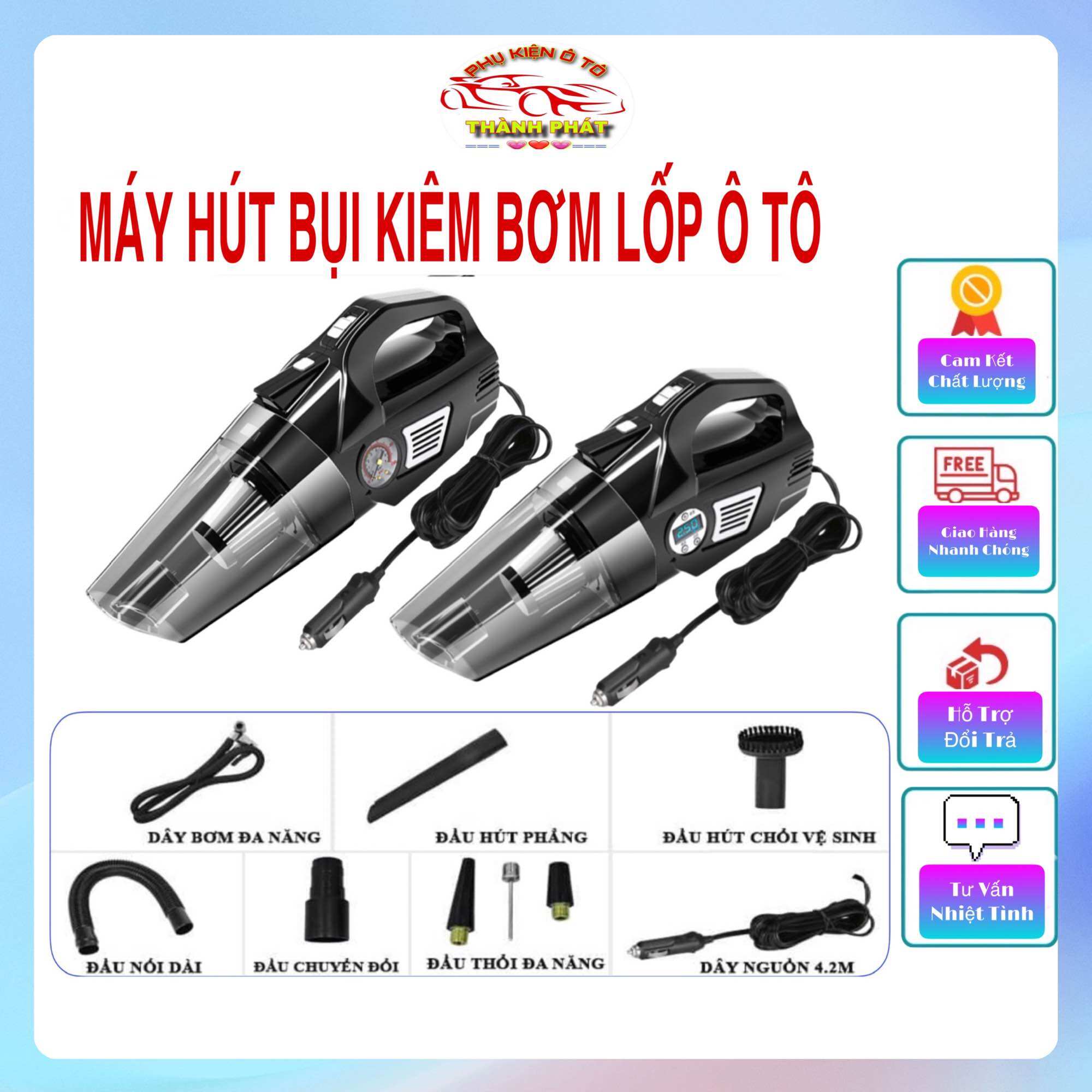 Máy hút bụi kiêm bơm lốp ô tô xe hơi HELLO LEIBOO có đồng hồ hiện thị đo áp suất lốp - Máy hút bụi đa năng 4 trong 1 có đèn led chiếu sáng