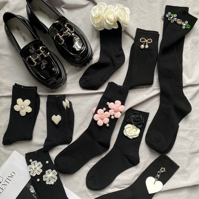 Màu Đen Ngọc Trai Cotton, Vải Bông Cao Đến Bắp Chân Tất Có Tôn Dáng Nặng Và Trà Trang Trí Hoa Hồng Cho Phụ Nữ Phù Hợp Với Cho Nữ Thoải Mái Tròn Cả Năm