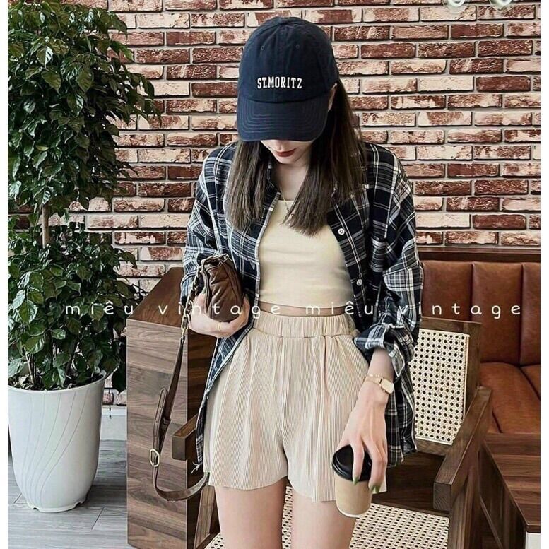 Quần sooc tăm dập li cạp chun PeaStore (Ảnh thật/Sẵn)