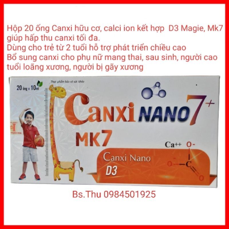 Canxi Nano 7+ MK7 bổ sung Calci, D3, Mk7 hỗ trợ phát triển chiều cao, xương răng chắc khỏe cho trẻ tuổi dậy thì hộp 20 ống