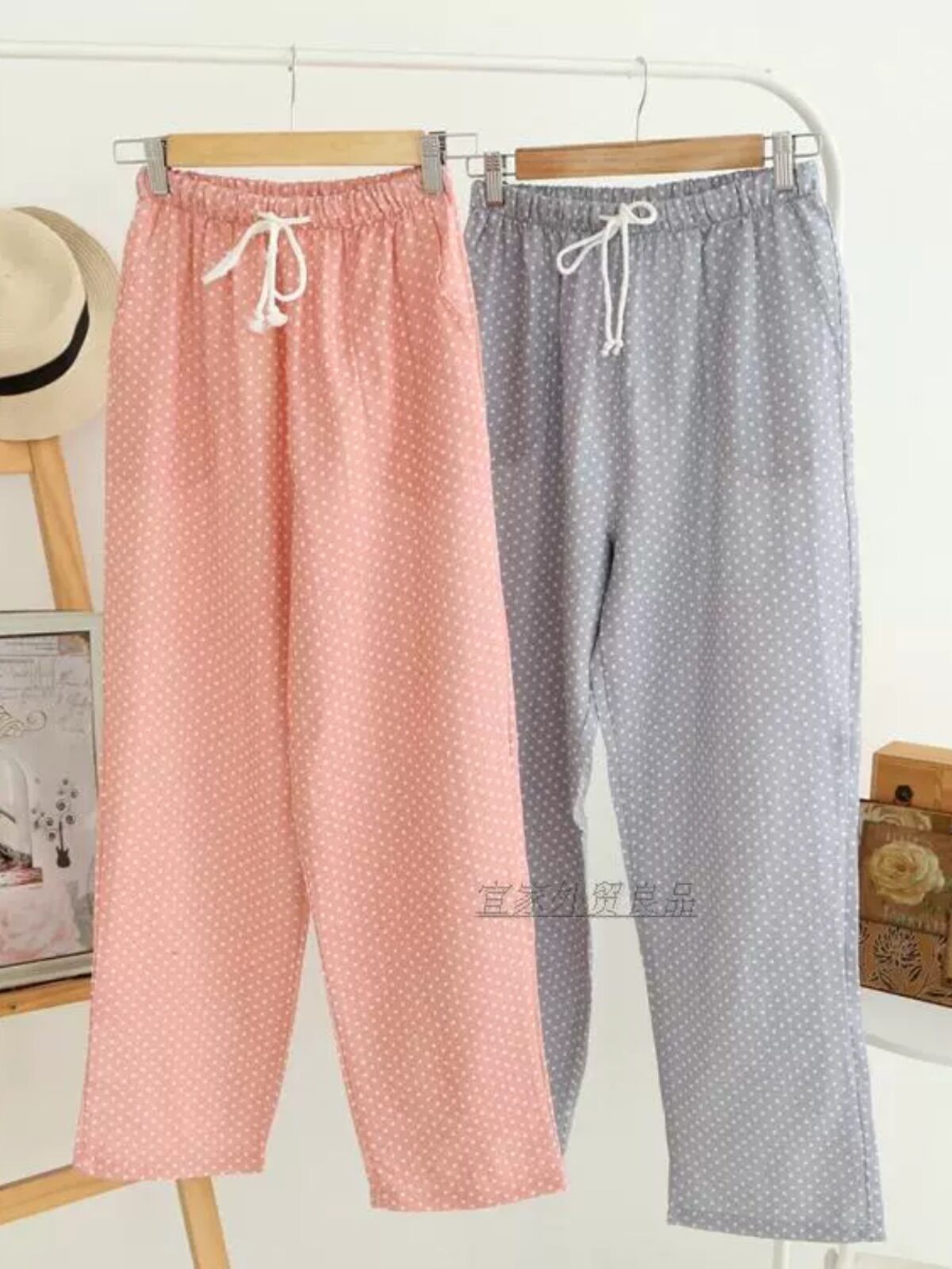 Quần Ngủ Nữ Vải Xô Cotton Hai Lớp Kiểu Nhật Quần Mặc Nhà Chấm Tròn Kiểu Mỏng Mùa Hè Quần Dài Nữ Rộng Rãi Mặc Nhà Thường Ngày