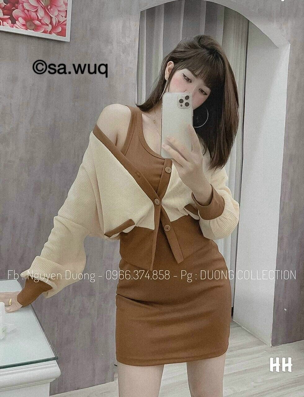 Set 2 Món Đầm Gân Kèm Cardigan Phối Viền
