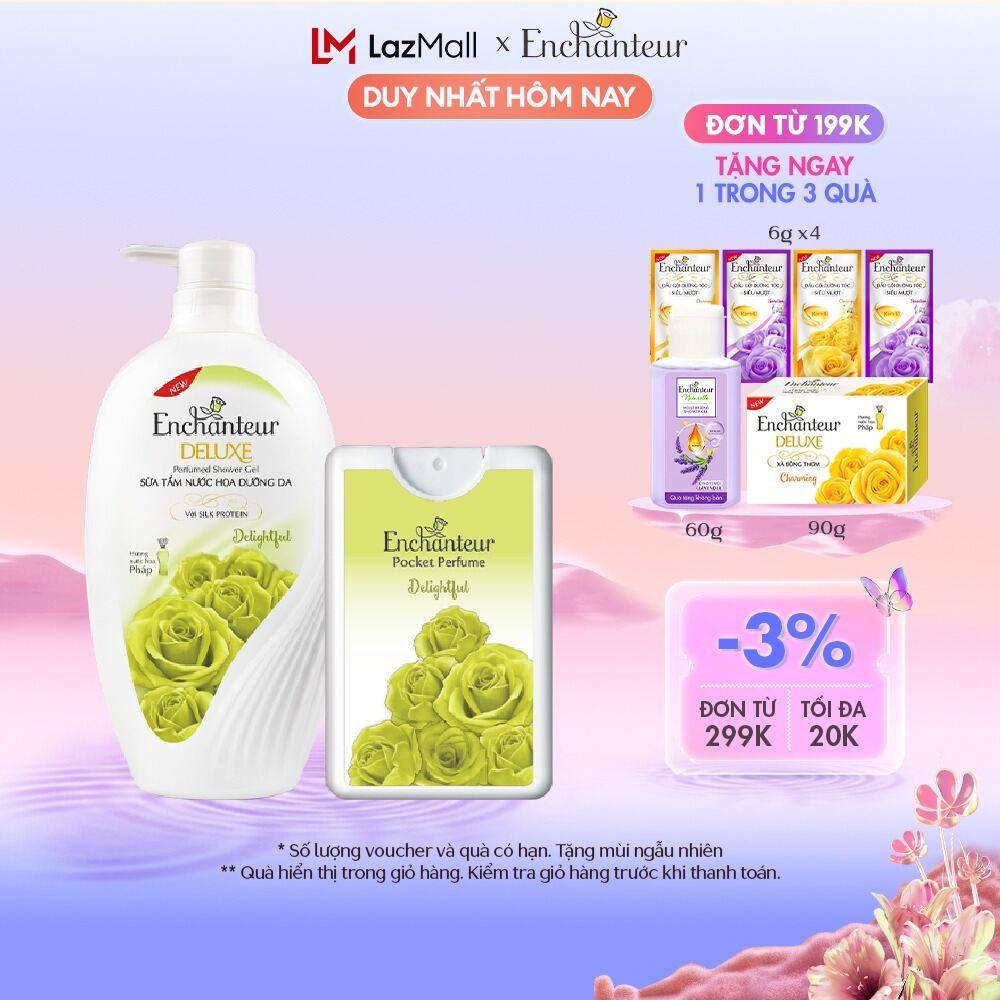 Combo quà tặng Enchanteur cao cấp (Sữa tắm Delightful 650gr, Nước hoa bỏ túi Enchanteur Delightful 18ml/hộp)