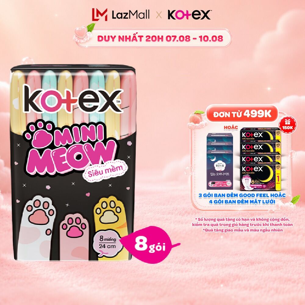 Combo 8/Combo 16 gói Băng vệ sinh Kotex MiniMeow Siêu mềm siêu mỏng cánh (8 miếng/gói)