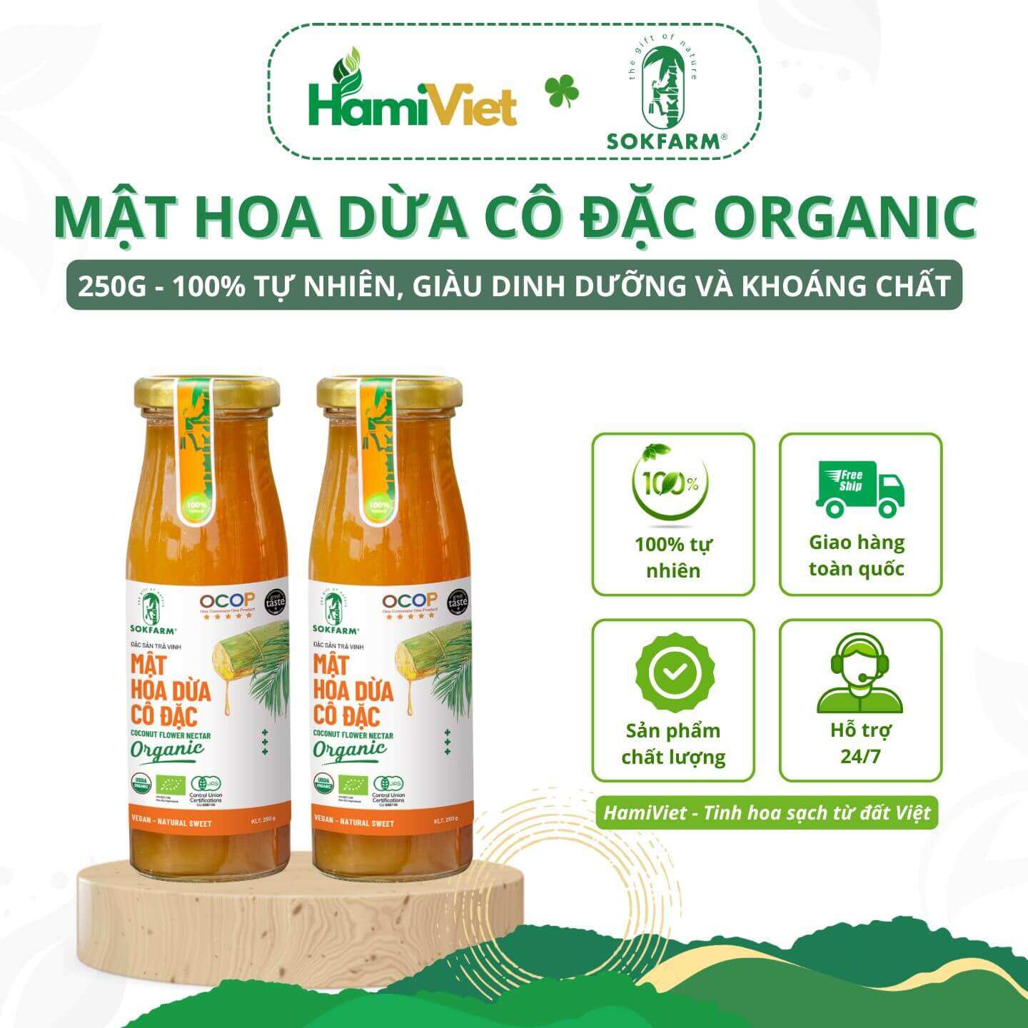 Mật hoa dừa cô đặc organic Sokfarm 250g ổn định đường huyết, giàu dinh dưỡng và khoáng chất tự nhiên