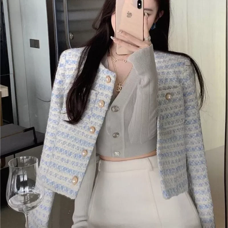 Áo dạ tweed xanh cao cấp, hàng hai lớp, chất dạ tweed mềm mại cổ tròn siêu xinh