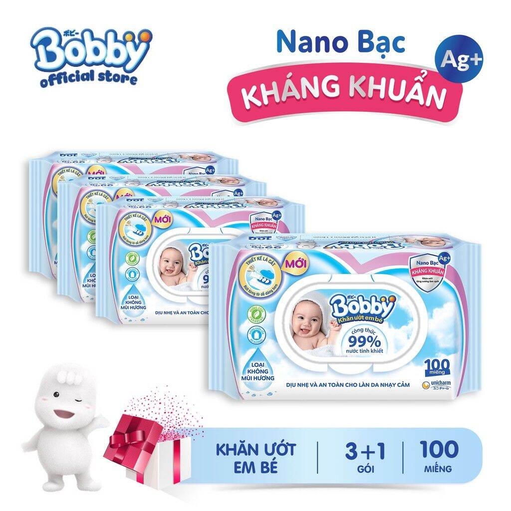 Bộ 4 gói Khăn ướt Bobby không mùi 100 tờ/gói