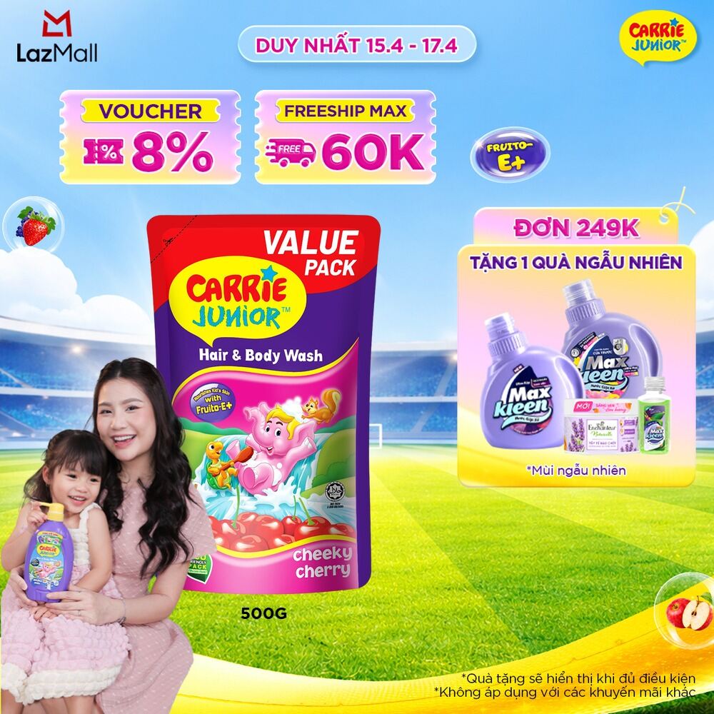 Túi Sữa Tắm Gội Cho Bé Carrie Junior chiết xuất trái cây thiên nhiên Hương Cheeky Cherry 500g