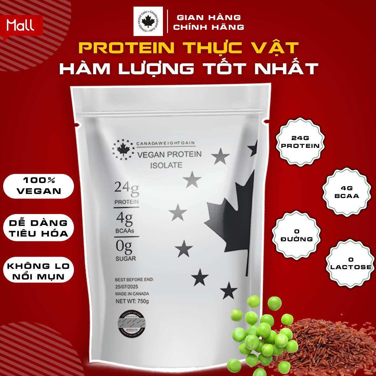 Sữa Tăng Cơ Vegan Protein Isolate 750 gram+Không Đậu Nành+Hàng Chính Hãng