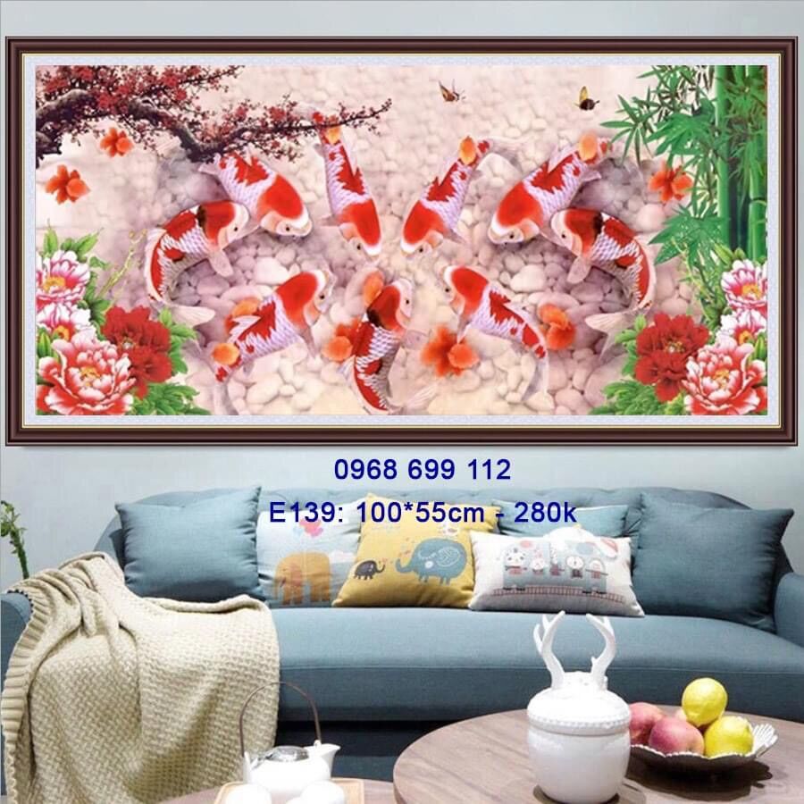 Tranh thêu kín cá cửu ngư quần hội KT:100x55cm,tranh chưa thêu,tặng kéo và xỏ chỉ