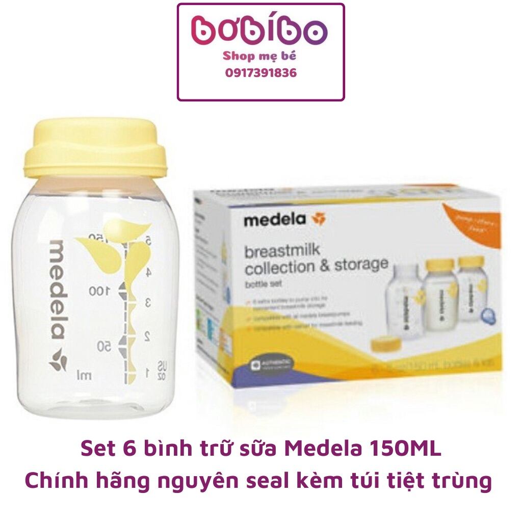 Set 6 bình trữ sữa MEDELA 150ml in logo chính hãng nguyên hộp kèm túi tiệt