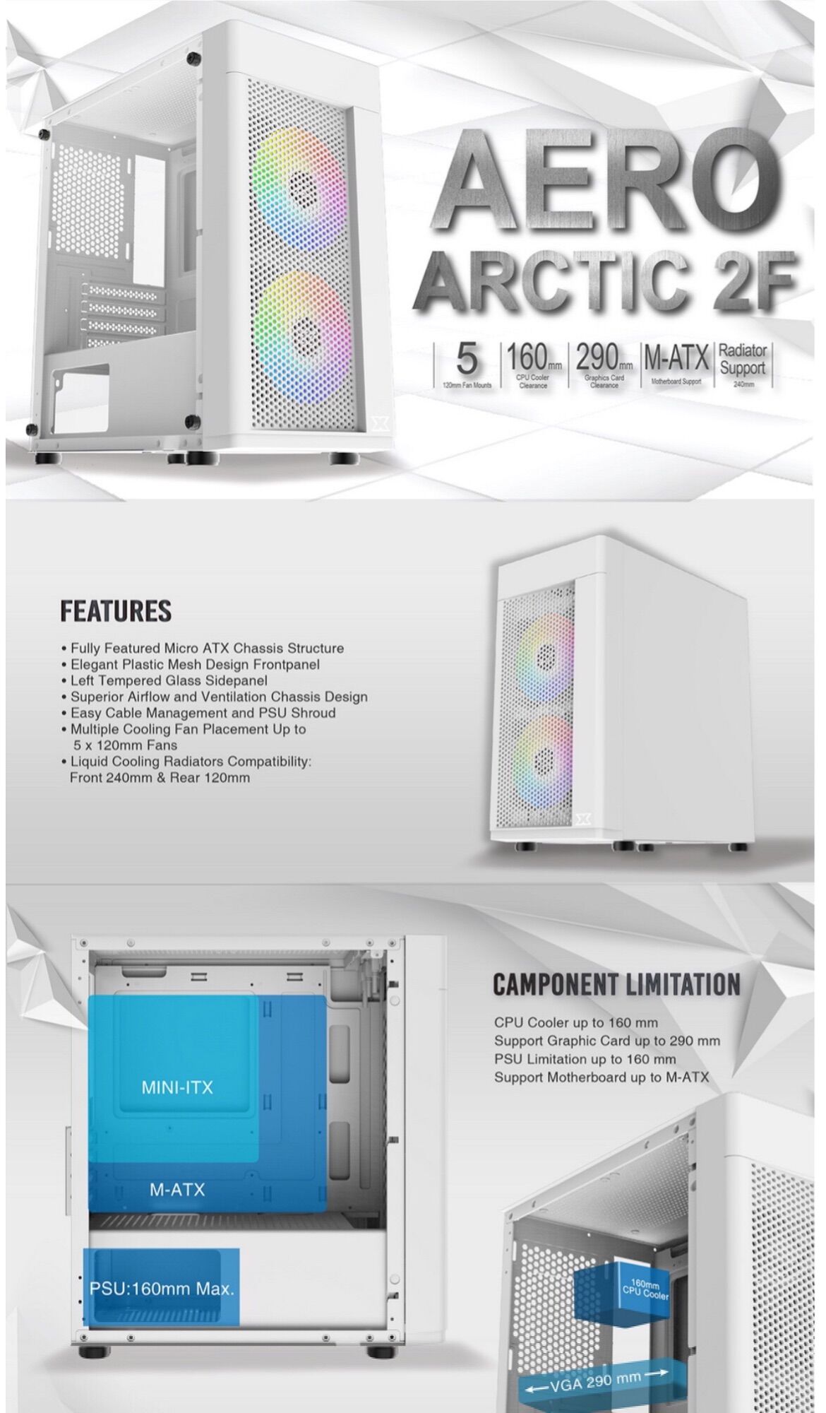 Vỏ cáe máy tính xigmatek aero artic 2f - m-atx, 1 side tempered glass, 2 fan x20f