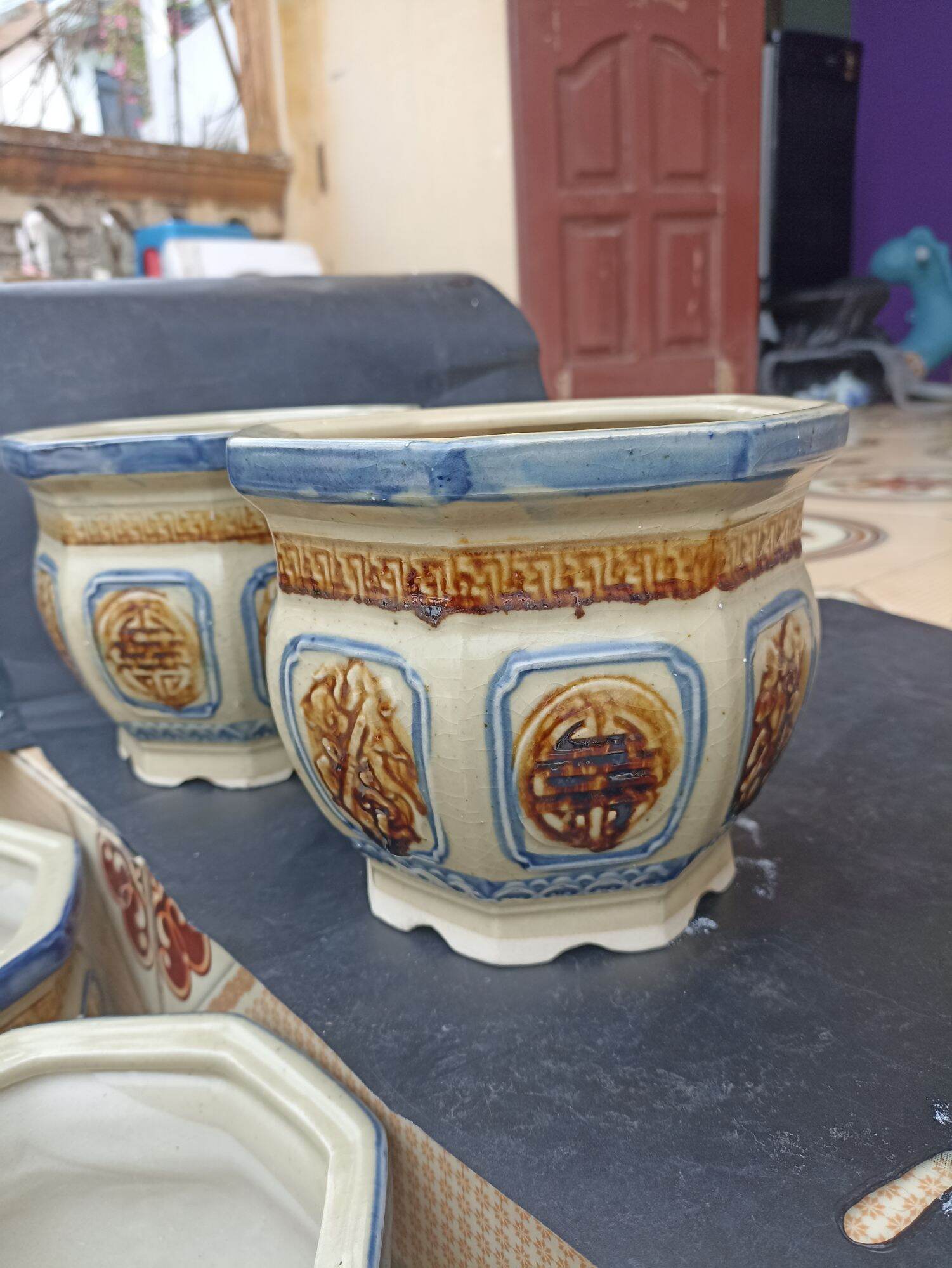 chậu lục giác men rạn giả cổ