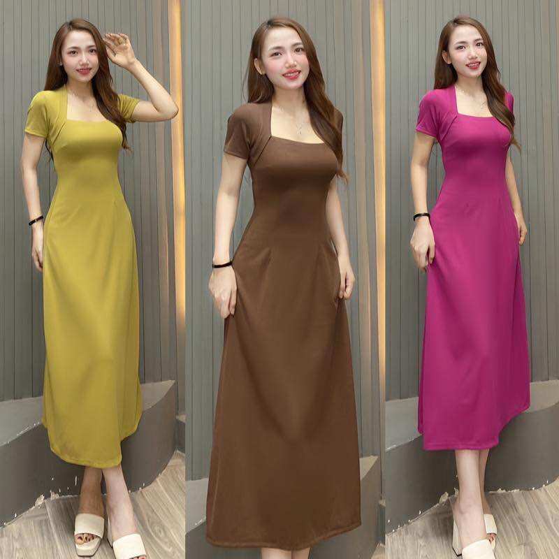 Đầm cổ vuông thun tăm lạnh quảng châu cao cấp dáng a dài tôn dáng