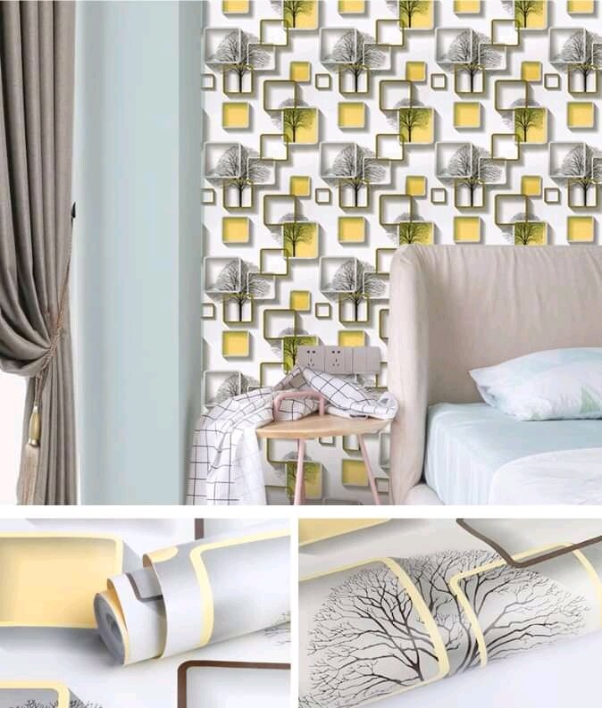 Giấy dán tường Ô VUÔNG 3D VÀNG khổ 45cm x 10m có keo sẵn