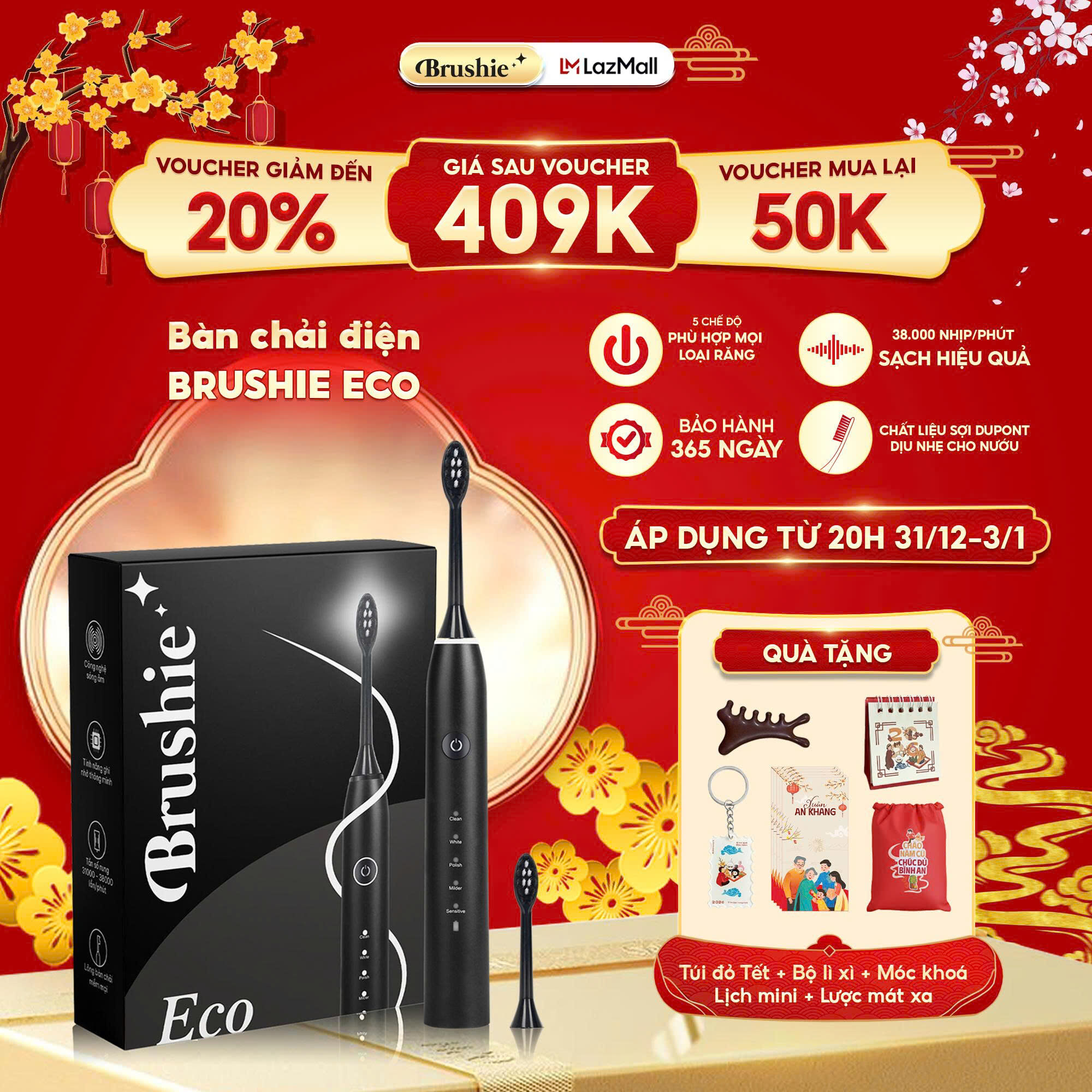  Bàn chải điện Brushie Eco phiên bản tiết kiệm 2025 với 5 chế độ làm sạch phù hợp cả cho người niềng răng - Hàng chính hãng 