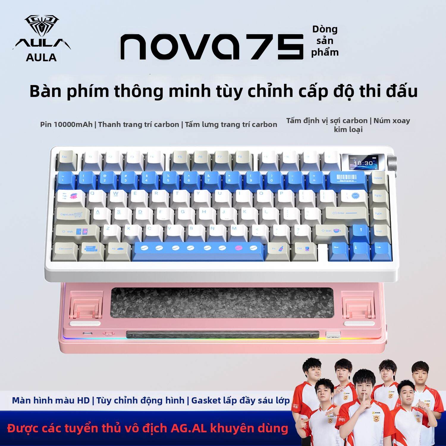AULA | Bàn phím cơ AULA NOVA 75, Kết nối 3 chế độ, Hotswap toàn phím, LED RGB, Tương thích đa nền tảng cho Gaming và Văn phòng