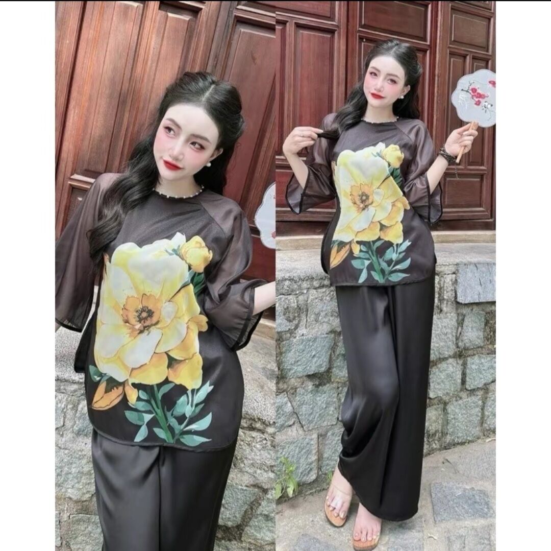 Sét lam cổ tròn nút ngọc chất lụa voan tơ ánh kim