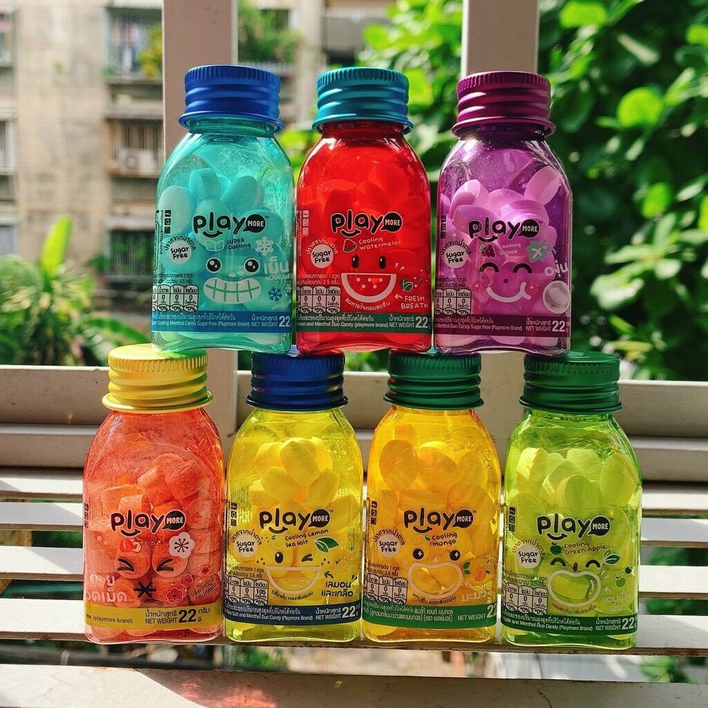 Kẹo Thái Lan _Hộp 6 hũ kẹo Playmore vị dưa hấu/ bạc hà/táo xanh/ xí muội/ chanh muối/ đào/ xoài/ nho 22g