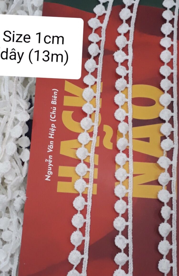 RT5 ren viền chỉ cotton bi trắng, dây 13m, bản 1cm, viền áo váy trang trí túi xách bàn tiệc, bình hoa