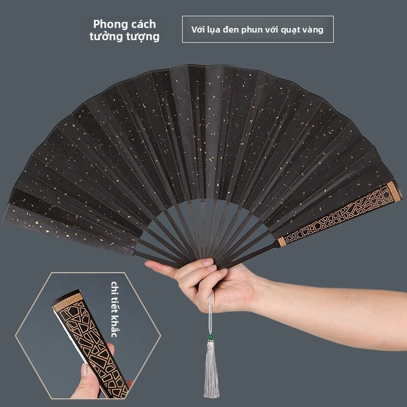 Quạt Giấy Xuan Mới Phong Cách Trung Hoa Rỗng Quạt Gấp Vải Nhung Cổ Điển Rồng Đồng Khắc Quạt Nam Cổ Điển Thủ Công