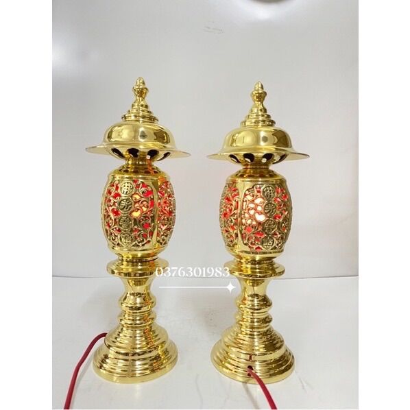Đôi đèn điện thờ bằng đồng nguyên chất cao 32cm