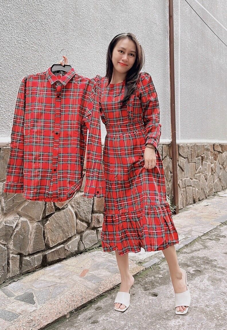 Set đồ đôi nam nữ caro đỏ form ôm tay dài, đuôi cá