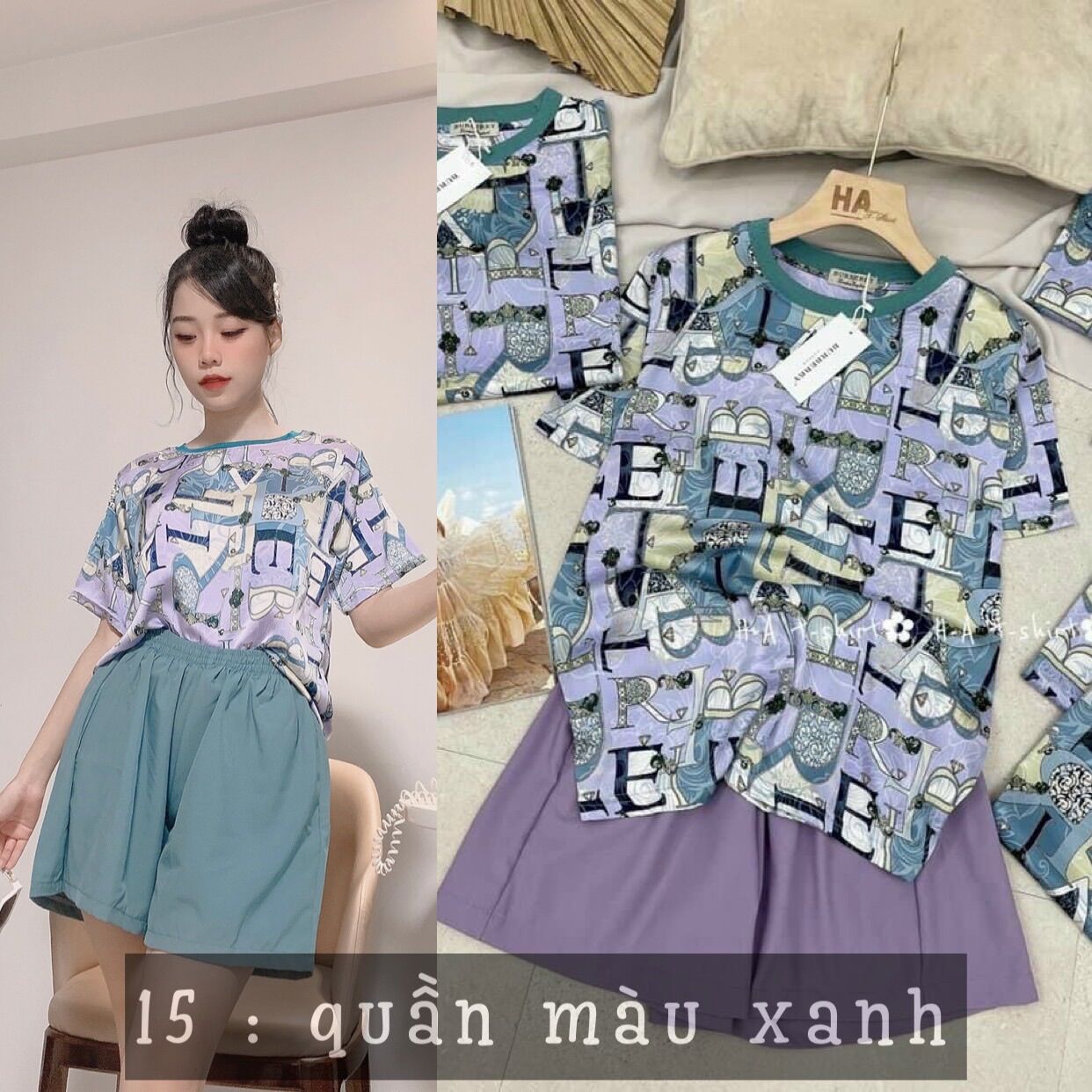 Bộ Ngủ Lụa Cổ Tròn Mặc Nhà Áo Lụa + Quần Sooc Sang Chảnh