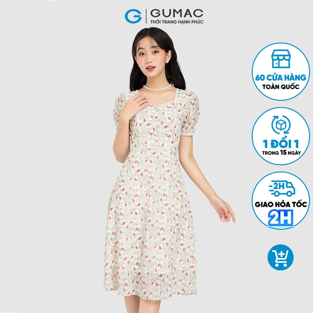 Đầm nữ GUMAC, đầm hoa viền ren DC08096