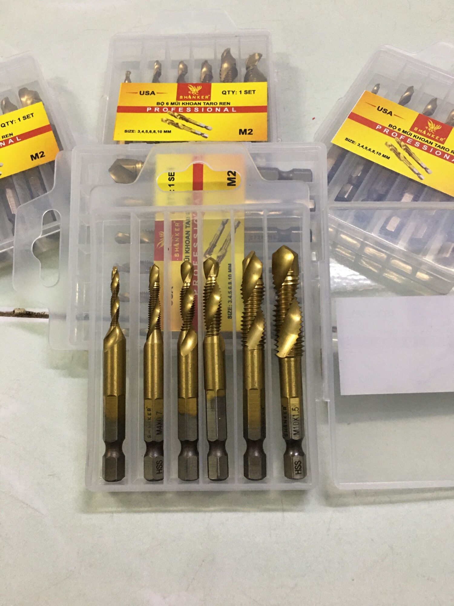 Trọn bộ 6 mũi khoan tạo ren taro HSS SHANKER m3 m4 m5 m6 m8 m10 phủ titanium chuôi lục giác, bộ 6 mũi khoan tạo ren từ m3 đến m10, mũi khoan tạo ren taro