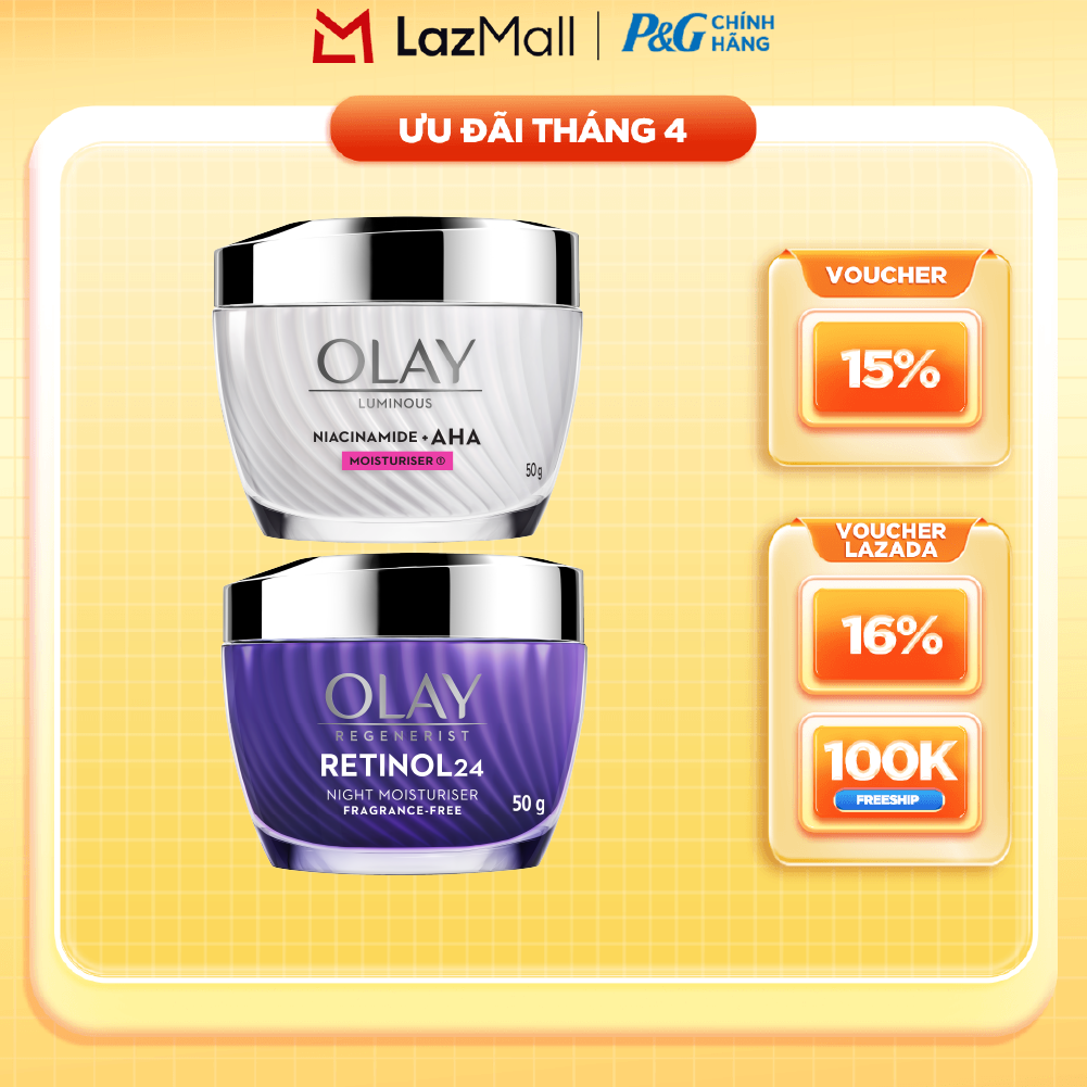 Combo Kem Dưỡng Ban Ngày OLAY LUMINOUS NIACINAMIDE AHA Dưỡng Sáng Da Hũ 50G + Kem Dưỡng Ban Đêm OLAY RETINOL24 Giúp Giữ Nét Tươi Trẻ Cho Da  Mờ Nếp Nhăn Hũ 50G
