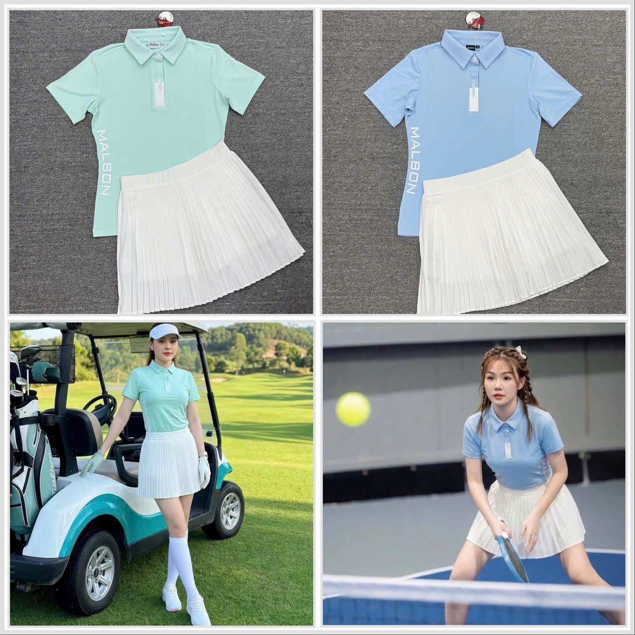 Bộ đồ thể thao nữ chất thun co giãn thấm hút mồ hôi phù hợp chơi Golf Picklelball tennis cầu lông, váy bên trong có quần và túi