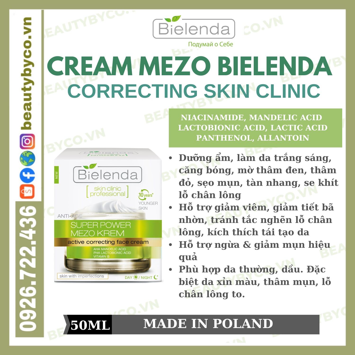 Kem Dưỡng Bielenda Super Power Mezo Skin Clinic Correcting/ Moisturizing Dưỡng Ẩm Sáng Da Trẻ Hoá Mờ Thâm