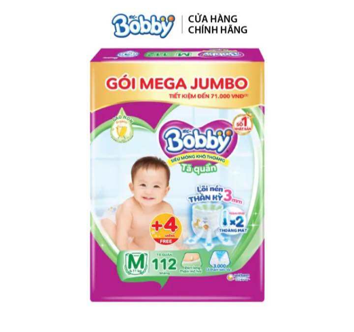 [TẶNG 4 MIẾNG VÀ 3 BÀN CHẢI CAO CẤP] Tả quần Bobby size M112 miếng gạo non