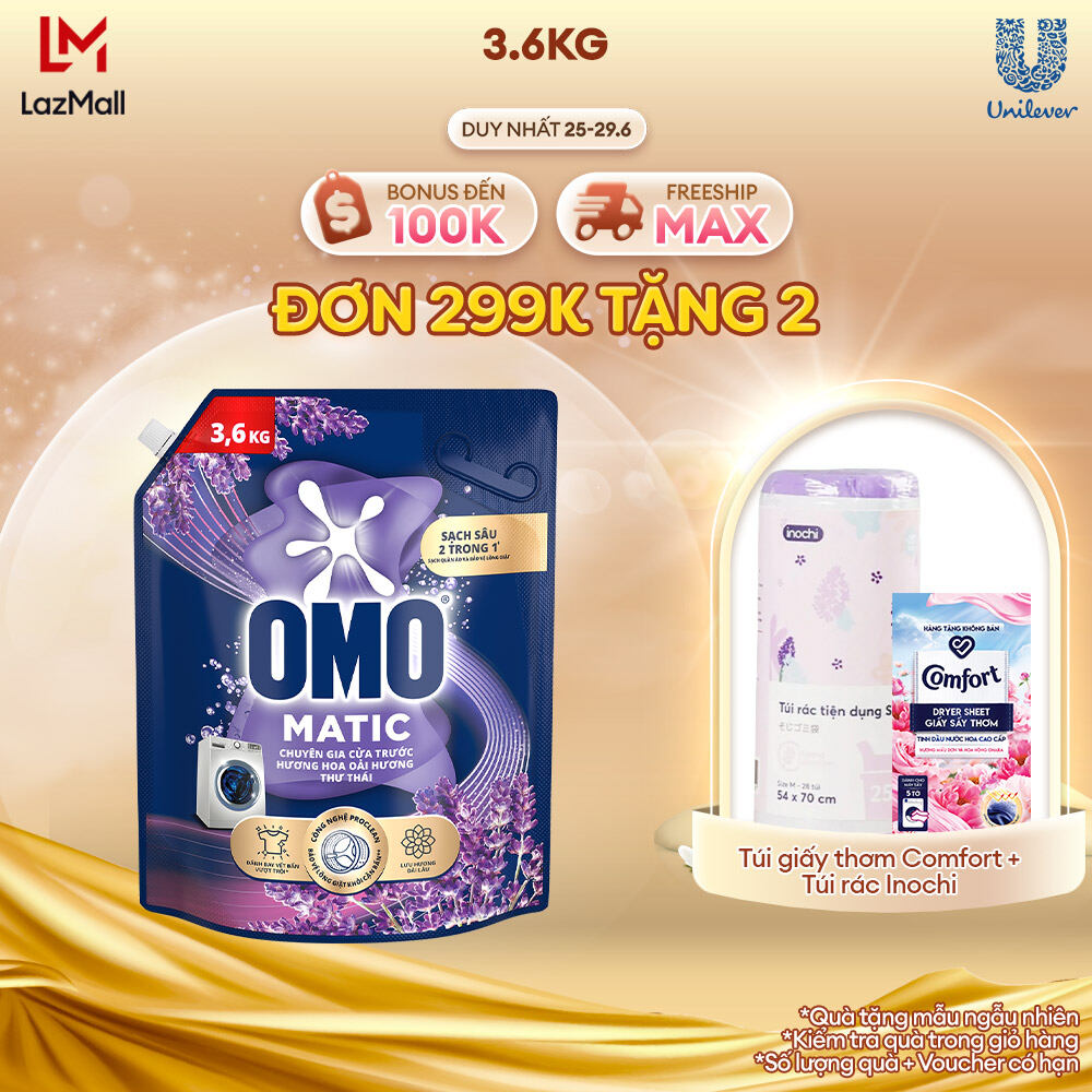 Nước giặt OMO Matic chuyên dụng Cửa Trước Lavender Khử Mùi Thư Thái 3.6kg