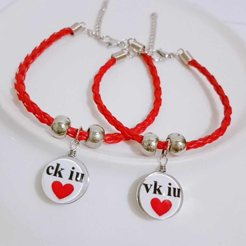 Vòng tay đôi dây da Pu, mặt thủy tinh ck vk, charm mạ bạc cao cấp