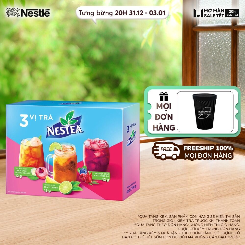   FREESHIP TOÀN QUỐC  Combo 3 hộp thực phẩm bổ sung NESTEA: Trà vị Chanh  hộp 4 gói x 13g  + Trà vị Vải và Hương Hoa Lài  hộp 2 gói x 1g  + Trà Việt Quất và Hoa Atiso Đỏ  hộp 2 gói x 1g  
