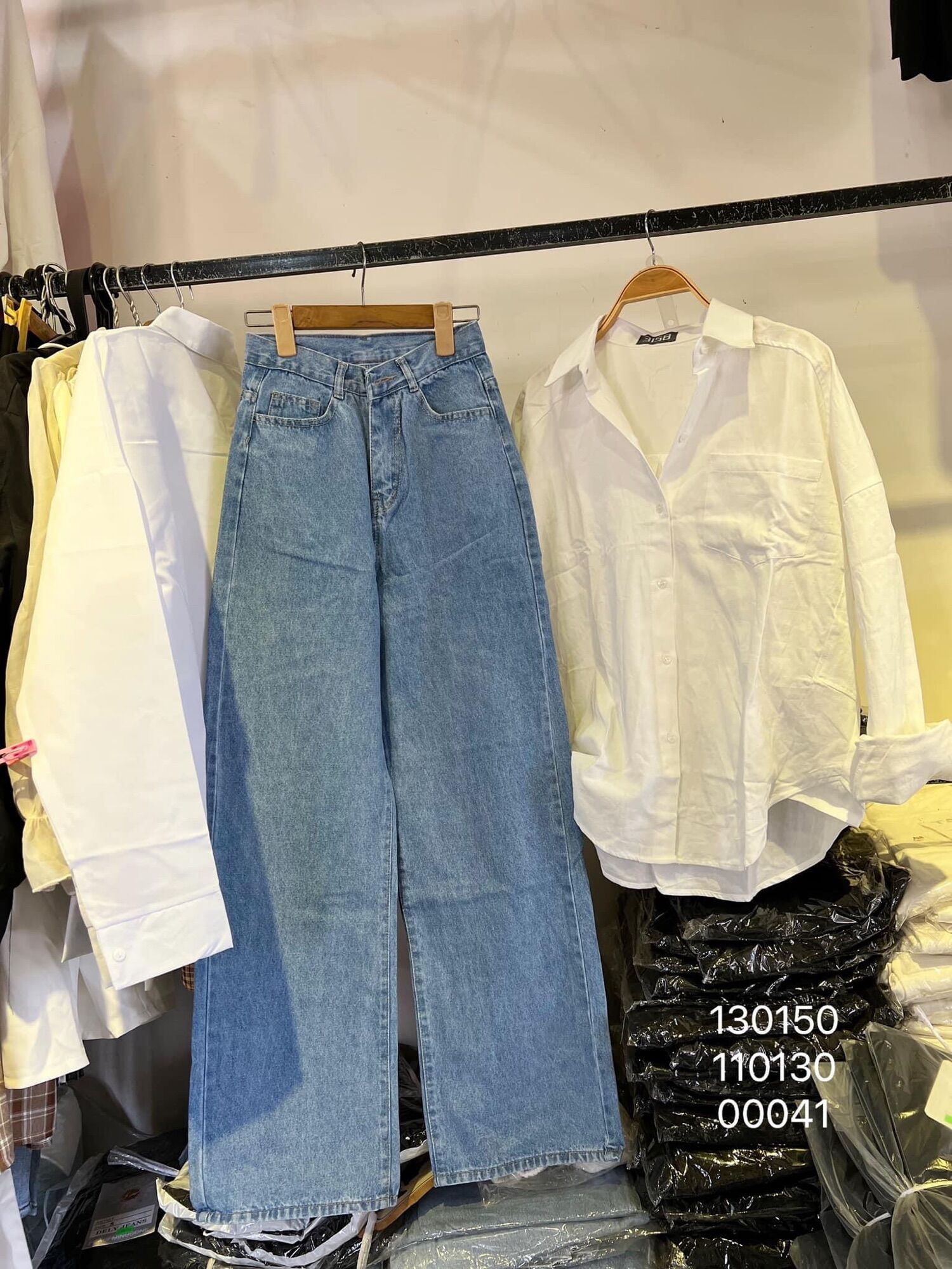 Set baggy jeans ống suông + sơ mi tay dài 1 túi