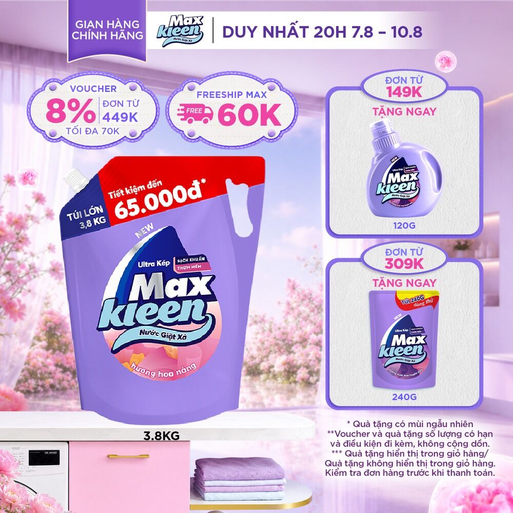 Túi Nước Giặt Xả MaxKleen 3.8kg/ 3.6kg (Huyền Diệu/ Hoa Nắng/ Vườn Sớm Mai/ Thiên Nhiên)