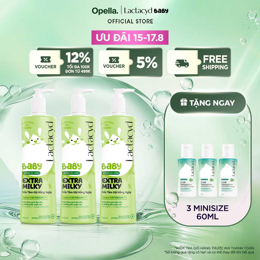 Bộ 3 chai Sữa Tắm Gội Trẻ Em Lactacyd Baby Extra Milky Làm Sạch Dịu Nhẹ và Dưỡng Ẩm Vượt Trội 500ml/chai
