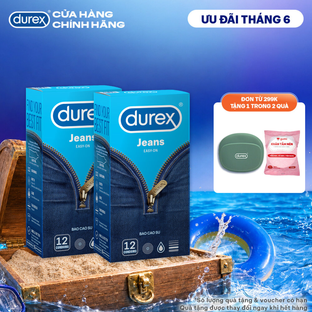 Combo 2 Bao cao su Durex Jeans cơ bản, bôi trơn, size 52.5mm, hộp 12 bao