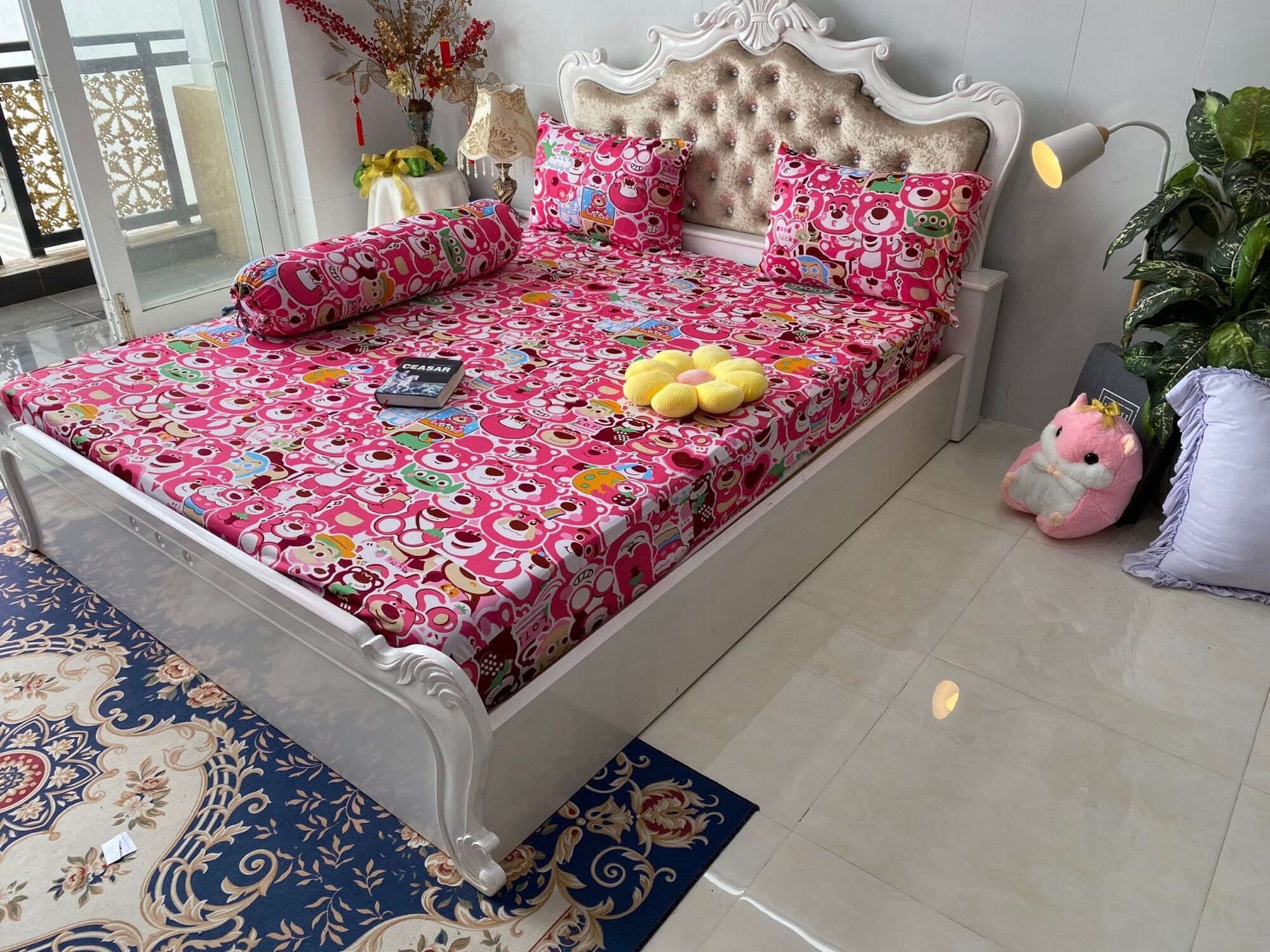Bộ drap ga thun hàn quốc mẫu gấu hồng